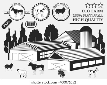 Set of premium Cow, goat, lamb, turkey, beef labels on the farm, badges and design elements. Vector illustration