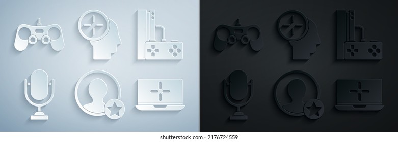 Set Premium create account screen, Game console with joystick, Microphone, Laptop, Head hunting concept and Gamepad icon. Vector