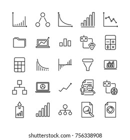 Set of premium data analytics icons in line style. High quality outline symbol collection of analysis. Modern linear pictogram pack of information. Stroke vector illustration on a white background.