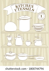 Set of Premium Designed Kitchen Utensils Outline Icons Site on the Wood Texture Shelf-1