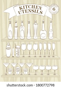 Set of Premium Designed Kitchen Utensils Outline Icons Site on the Wood Texture Shelf-6