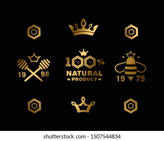Set of premium 
emblems for packing honey. Vector image