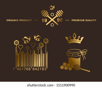 Set of premium 
emblems for packing honey. Vector image