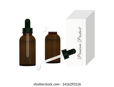 a set of Premium facing serum bottle with glass dropper, Opaque glass bottle With drops of clear serum for packing liquid solution isolated on white background