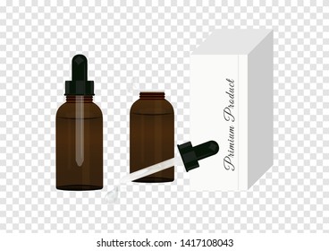 a set of Premium facing serum bottle with glass dropper, Opaque glass bottle With drops of clear serum for packing liquid solution isolated on transparency background, oil cream, herb extraction