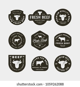 set of premium fresh beef labels. retro styled meat shop emblems, badges, design elements, logotype templates. vector illustration