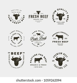 set of premium fresh beef labels. retro styled meat shop emblems, badges, design elements, logotype templates. vector illustration