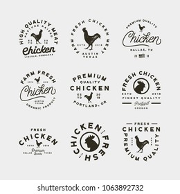 set of premium fresh chicken meat labels. retro styled meat shop emblems, badges, design elements, logotype templates. vector illustration