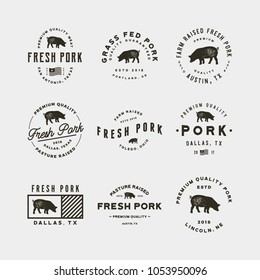 set of premium fresh pork labels. retro styled meat shop emblems, badges, design elements, logotype templates. vector illustration