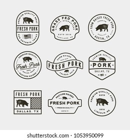 set of premium fresh pork labels. retro styled meat shop emblems, badges, design elements, logotype templates. vector illustration