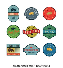 set of premium fresh pork labels. retro styled meat shop emblems, badges, design elements, logotype templates. vector illustration