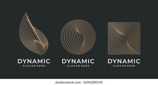 Conjunto de geométricas premium com linhas. Ícone de conceito de Logotipo de arte de linha abstrata. Elemento de design linear dinâmico simples com forma de folha, redonda e quadrada.
