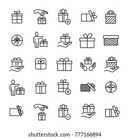 Set of premium gift icons in line style. High quality outline symbol collection of present. Modern linear pictogram pack of surprise. Stroke vector illustration on a white background.