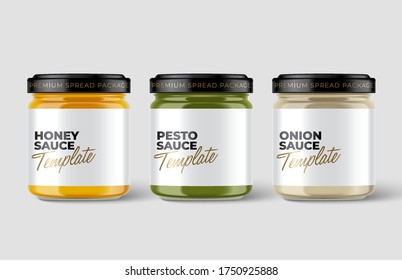 Set of Premium glass container with blank label template isolated on light grey background : Vector Illustration