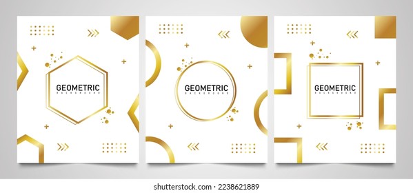 Set of premium gold abstract geometric style background covers, collection of cool bright gold covers abstract shapes template.