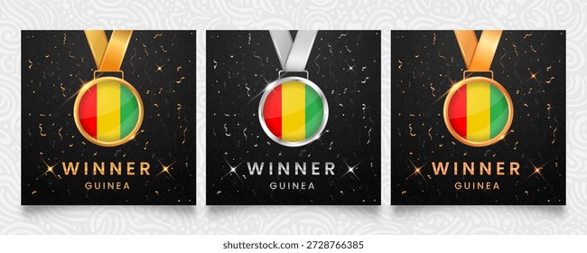 Set aus hochwertigen Gold-, Silber- und Bronzemedaillen mit der Flagge Guineas. Dunkler Hintergrund mit feierlichem Konfetti und Sternenhighlights. Professionelle Vektor-Preisverleihung Vorlage.
