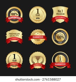 Set of premium golden guarantee badges and quality seal icons