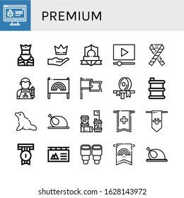 Set of premium icons. Such as Banner, King, Premium, Badge, Video marketing, Ribbon, Barber, Barrel, Seal, Chicken, Barrels, Pastry , premium icons