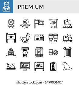 Set of premium icons such as King, Badge, Ribbon, Banner, Chicken, Pastry, Quality, Butcher shop, Barrel, Coffee capsule, Accreditation, Seal , premium
