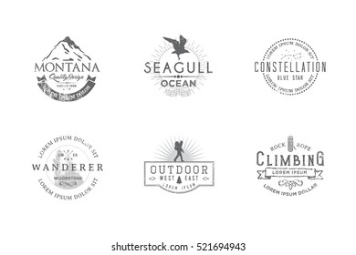 Set of premium labels on the themes of wildlife, hunting, travel, wild nature, climbing, camping, life in the mountains, survival. Retro, vintage, casual design. #6