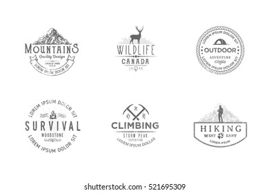 Set of premium labels on the themes of wildlife, hunting, travel, wild nature, climbing, camping, life in the mountains, survival. Retro, vintage, casual design. #12