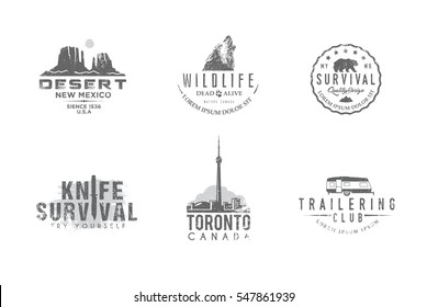 Set of premium labels on the themes of wildlife, nature, hunting, travel, wild nature, climbing, camping, life in the mountains, survival. Retro, vintage, casual design. #30