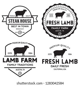 Set of premium lamb labels, badges and design elements. Logo for butchery, meat shop, steak house, farm etc. Vector vintage illustration.