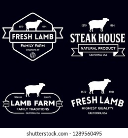 Set of premium lamb labels, badges and design elements. Logo for butchery, meat shop, steak house, farm etc. Vector vintage illustration.