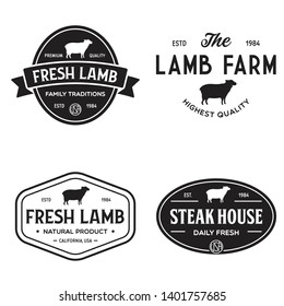 Set of premium lamb labels, badges and design elements. Logo for butchery, meat shop, steak house, farm etc. Vector vintage illustration.