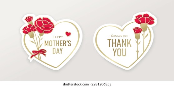 Set of premium Mother's day heart shape gift tags with carnation flowers.