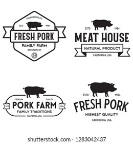 Set of premium pork labels, badges and design elements. Logo for butchery, meat shop, steak house, farm etc. Vector vintage illustration.