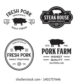Set aus hochwertigen Schweineeetiketten, Abzeichen und Designelementen. Logo für Metzgerei, Fleischgeschäft, Steakhaus, Bauernhof usw. Vektorgrafik des Jahrgangs.