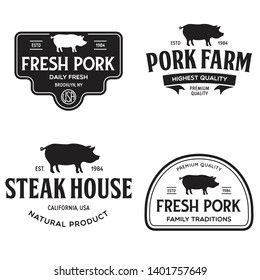 Set of premium pork labels, badges and design elements. Logo for butchery, meat shop, steak house, farm etc. Vector vintage illustration.