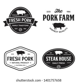 Set of premium pork labels, badges and design elements. Logo for butchery, meat shop, steak house, farm etc. Vector vintage illustration.