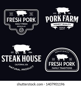 Set of premium pork labels, badges and design elements. Logo for butchery, meat shop, steak house, farm etc. Vector vintage illustration.