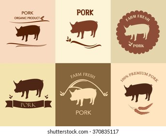 Set of premium pork  labels, badges, logo, icons.  Meat labels and badges in Vintage, Flat Style.