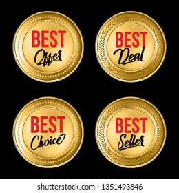 Set of premium quality, Best offer, Best Deal, Best Choice and Best seller golden labels isolated on black background - vector
