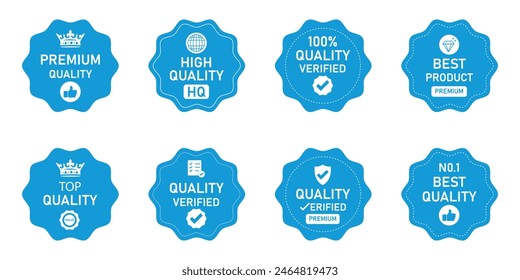 Set of premium quality. blue and white badge collection. vintage quality badges. premium quality, guaranteed, certified sticker tag collection. vintage blue badge label for marketing.