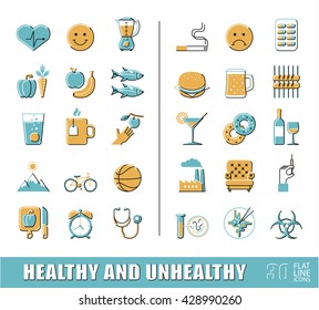 Set of premium quality flat line icons. Items for healthy and unhealthy lifestyle. Collection of various food and lifestyle icons. Vector illustration.