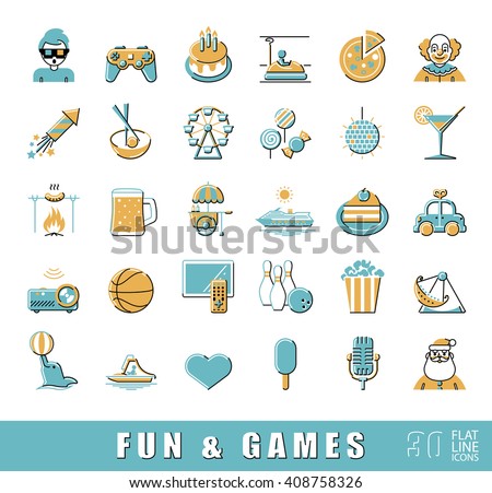 Set of premium quality flat line fun and games icons. Collection of vector icons for games, fun, leisure, sport, hobby, free time. Infographic design elements collection. Web graphics.