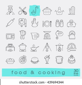 Set of premium quality food and cooking icons. Cooking and preparing meals. Various kitchen items. Vector illustration.
