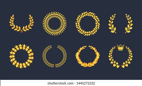 Set premium quality golden laurel wreath gold silhouette leaves foliate, wheat, olive with ribbons, crown vector symbol, logo. Award golden badge, medal, for achievement, heraldry, nobility, game