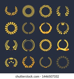 Set premium quality golden laurel wreath gold silhouette leaves foliate, wheat, olive with ribbons, crown vector symbol, logo. Award golden badge, medal, for achievement, heraldry, nobility, game