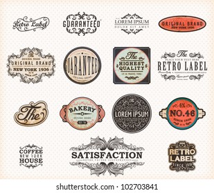 Set of Premium Quality and Guarantee Labels with retro vintage styled design, dirty and rusty texture vector