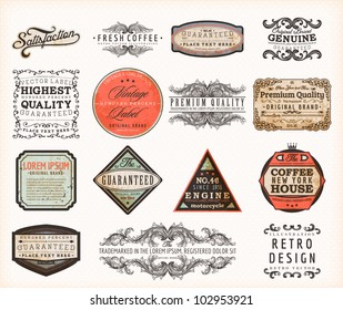 Conjunto de etiquetas de calidad y garantía de primera calidad con diseño retro vintage, vectorial de textura sucia y oxidada