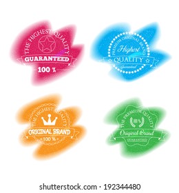 Set of premium quality and guarantee labels on a color blot. Signs it is possible to designate qualitative products.