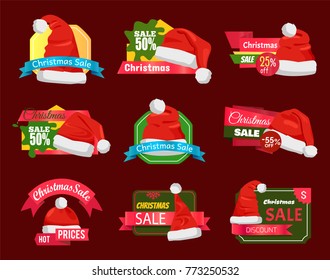 Set of premium quality half price promo cards vector illustration with six Santa`s hats isolated on cherry background, advertising text, cute ribbons