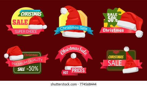Set of premium quality half price promo cards vector illustration with six Santa`s hats isolated on cherry background, advertising text, cute ribbons