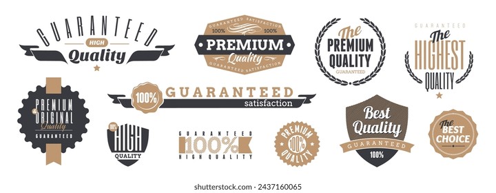 Set of premium and quality labels, emblems and badges. Vector illustration.