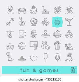 Set of premium quality line fun and games icons. Collection of vector icons for games, fun, leisure, sport, hobby, free time. Info graphics elements collection. Web graphics.